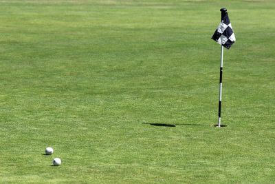 High angle view of golf ball on grass