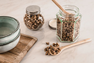 High angle view of candies in jar on table