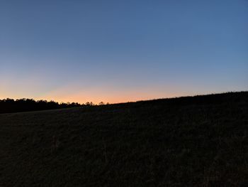 Scenic view of field against clear sky during sunset