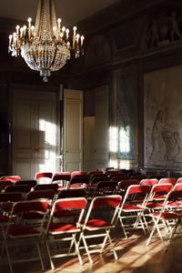 Empty chairs and tables in room