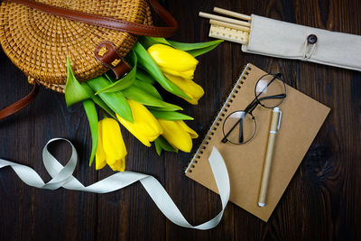 High angle view of personal accessories on table