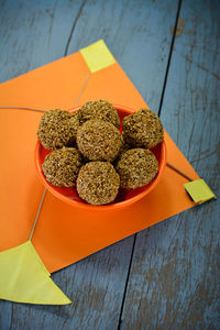 High angle view of food on table