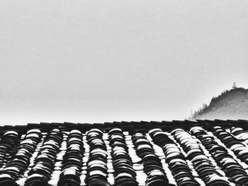 Stack of roof against clear sky