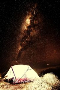 High angle view of tent against sky at night