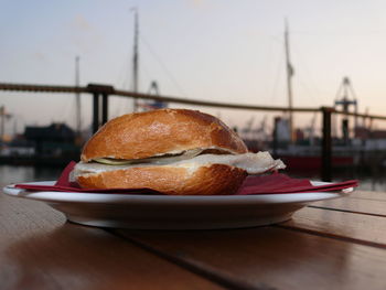 Close-up of sandwich in plate on table