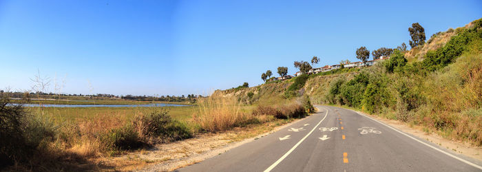 Road amidst landscape against clear blue sky