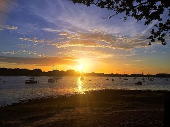 Boats moored in sea at sunset