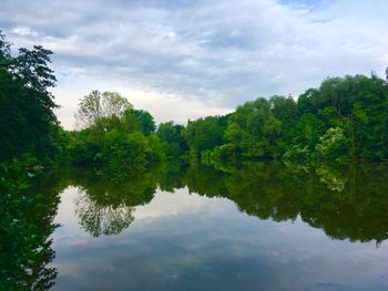 Reflection of trees in lake against sky