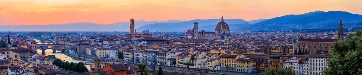 High angle view of cityscape against sky during sunset