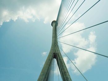 Low angle view of suspension bridge against cloudy sky