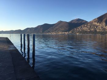 Scenic view of lake against clear blue sky