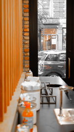 Empty chairs and table in restaurant