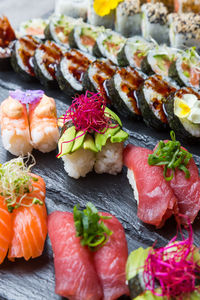 Close-up of sushi served in plate