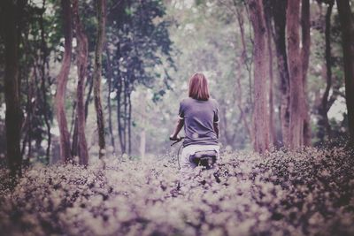 Rear view of woman in forest