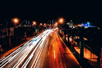 Light trails on road at night