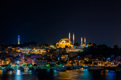 Illuminated buildings in city at night