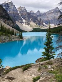 Scenic view of lake and mountains against sky