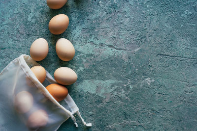 High angle view of eggs on table