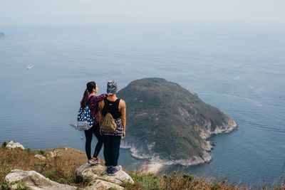 High angle view of man and woman standing at yuk kwai shan