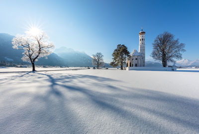 Bare trees on snow covered landscape against sky