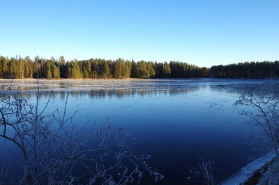 Scenic view of lake against clear blue sky