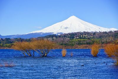 Scenic view of snowcapped mountains against blue sky