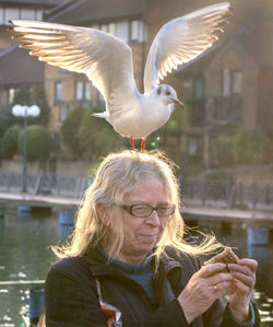 Close-up of seagull perching on woman head outdoors