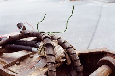 Close-up of rusty pipe on wood