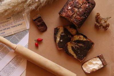 High angle view of breakfast served on table