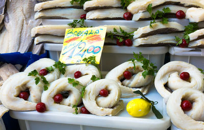 Close-up of seafood for sale in fish market