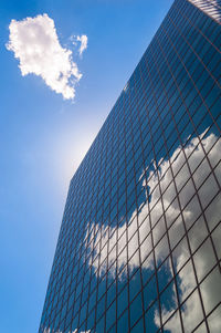 Low angle view of modern building against blue sky