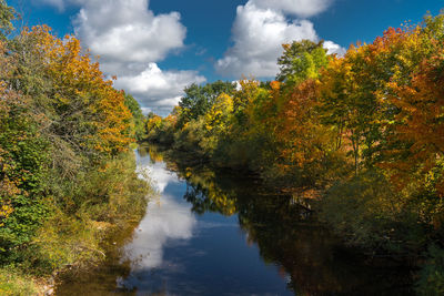 Trees by lake against sky during autumn