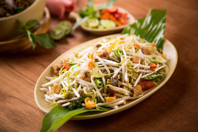 High angle view of noodles in bowl on table