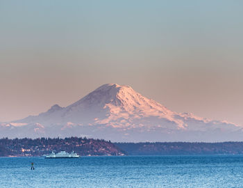 Scenic view of sea and mountains against clear sky