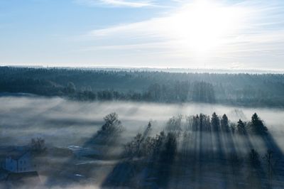 Scenic view of trees against sky during foggy weather