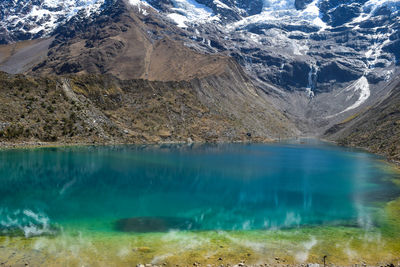 Aerial view of lake by mountain