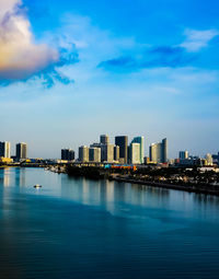 Sea by buildings against blue sky