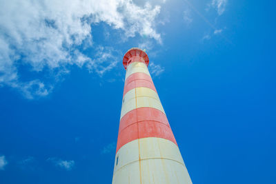 Low angle view of lighthouse against blue sky