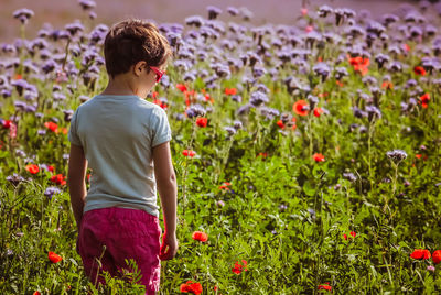 Rear view of girl amidst friends on grassy field