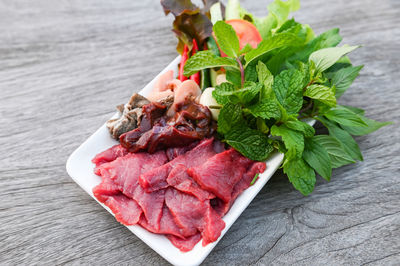 High angle view of food in plate on table