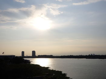 Silhouette buildings by sea against sky during sunset