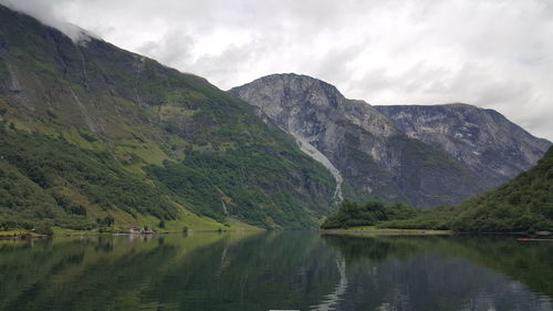 Scenic view of lake and mountains against sky