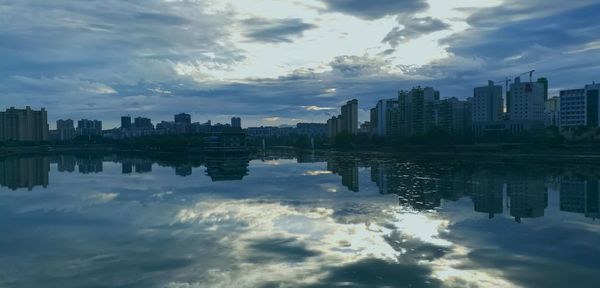 Reflection of buildings in lake