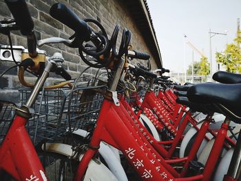 View of bicycles parked in row