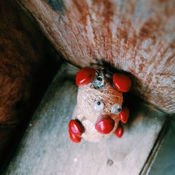 High angle view of red toy on table