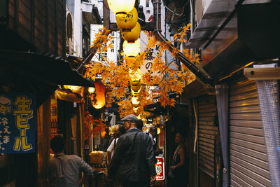 Rear view of man hanging by illuminated buildings in city