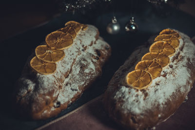 Christmas holiday stollen. national german pastry. beautiful decoration. festive dish. 