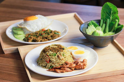 High angle view of food in plate on table