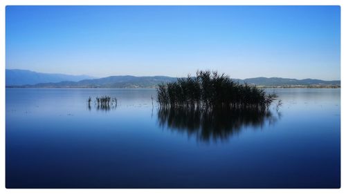 Scenic view of lake against clear blue sky