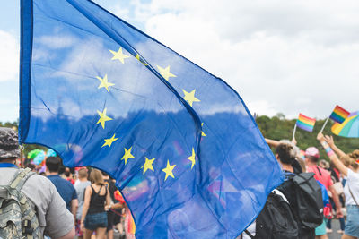 Close up on the european union flag on the prague gay pride parade.